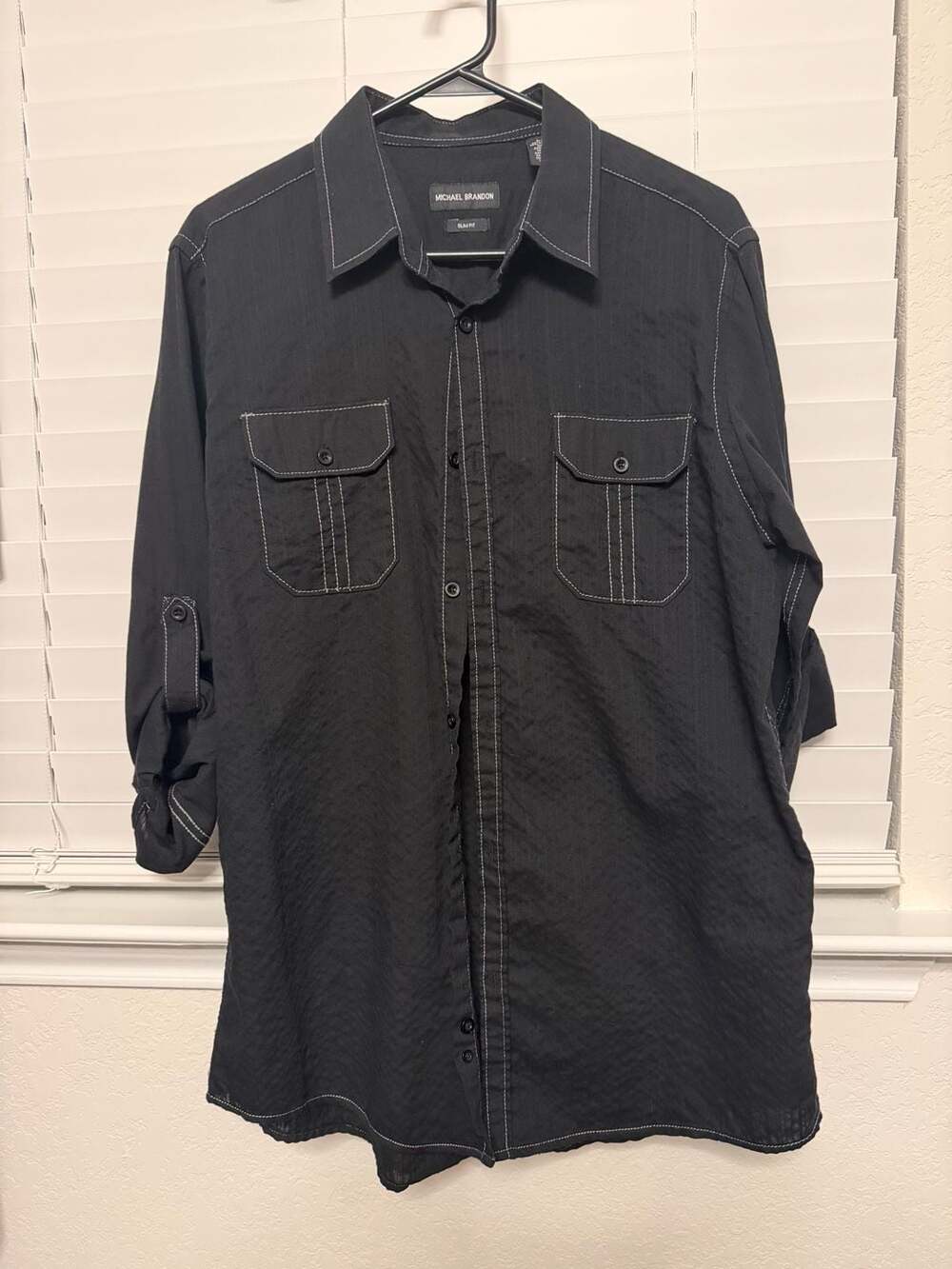 Michael Brandon Slim Fit Button Up Shirt Black Contrast Stitching Size L